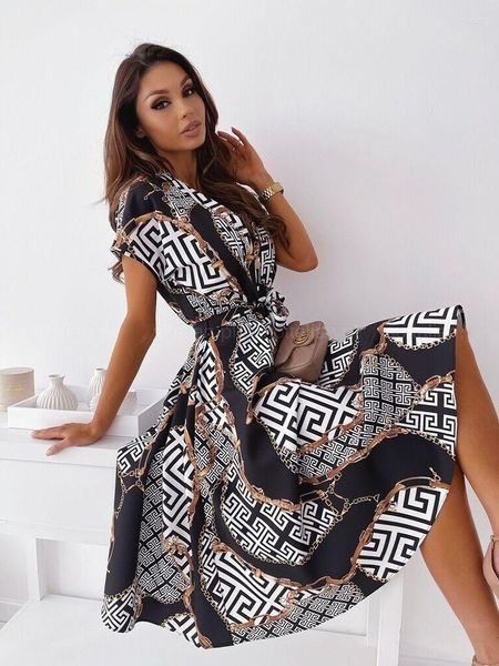 

casual dresses party women printed chiffon dress summer knee-length a-line double lined boho club blouse, Black;gray