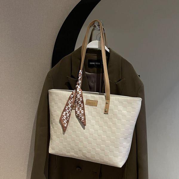

checkered ribbon large volume bag matching color single shoulder underarm bag fashionable tote simple mummy handbag for women