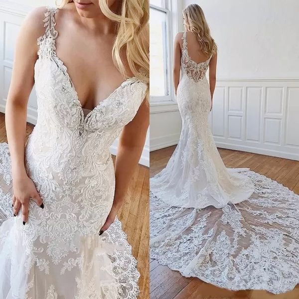 

gorgeous lace mermaid wedding dresses v-neck applique beaded cathedral train trumpet garden beach bride wedding gown, White