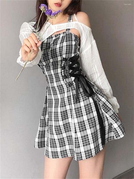 

casual dresses kawaii plaid print strap lolita dress lace up mini irregular harajuku aesthetic 2pcs streetwear women alt clothes, Black;gray