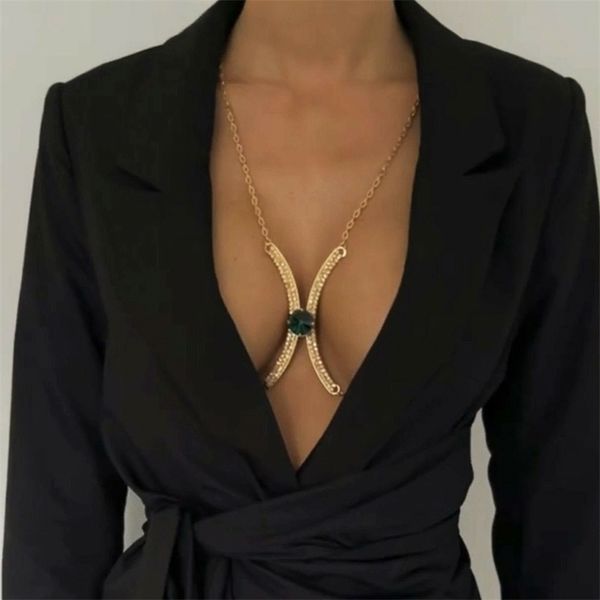 

other trendy green crystal chest bracket bra chain harness coin women metal body chain jewelry party festival clothing 221008, Slivery;golden