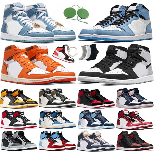 

sandals with box jumpman 1 1s basketball shoes starfish stage haze denim taxi bred patent university blue dark mocha atmosphere obsidian sha, Black