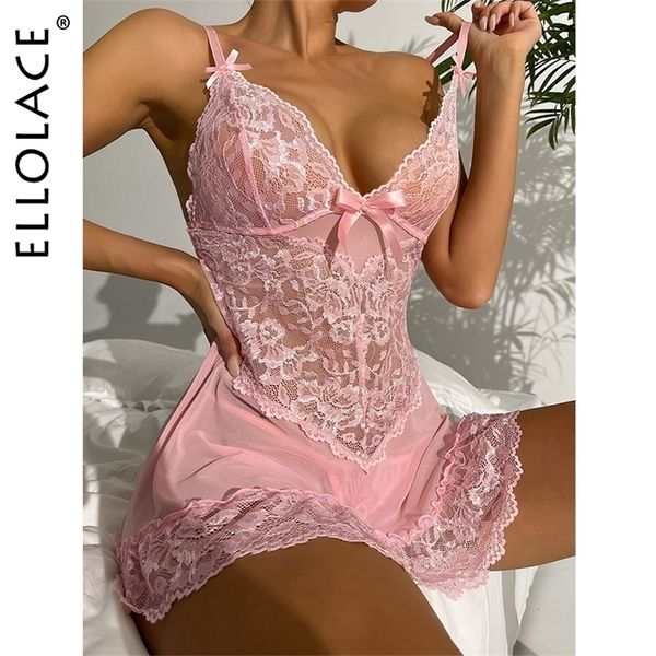 

pyjamas ellolace womens nightwear lace night dress lingerie see through sleepwear nighty for ladies romantic pink nightie 221010, Red;black