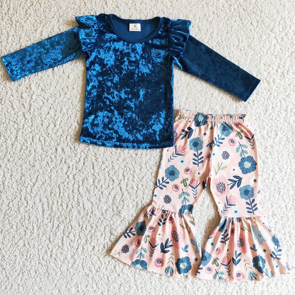 

boutique baby girl clothes set fall winter fashion kids wholesale children clothes long sleeve bell bottom outfits flower print girls outfit, White