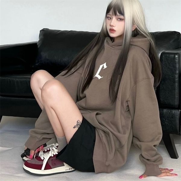 

womens hoodies sweatshirts qweek hooded sweatshirts harajuku brown hoodie oversized sweet cool pullover korean fashion streetwear long sleev, Black
