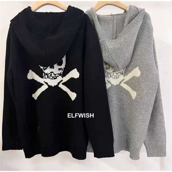 

womens knits tees woman black grey wool cashmere cardigan back skull jacquard hooded knit jacket front zipper fashion coat 221008, White