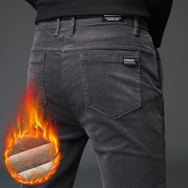 

men's pants men winter warm corduroy pants with thick fleece lining smart casual straight trouser slim fit 36 38 221010, Black