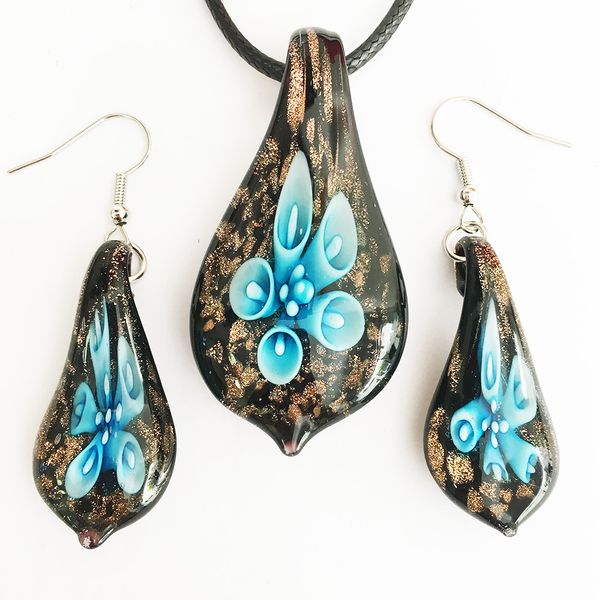 

1 set handmade necklace earring murano glass blue flower water drop pendant ethnic style clavicle chain jewelry, Silver