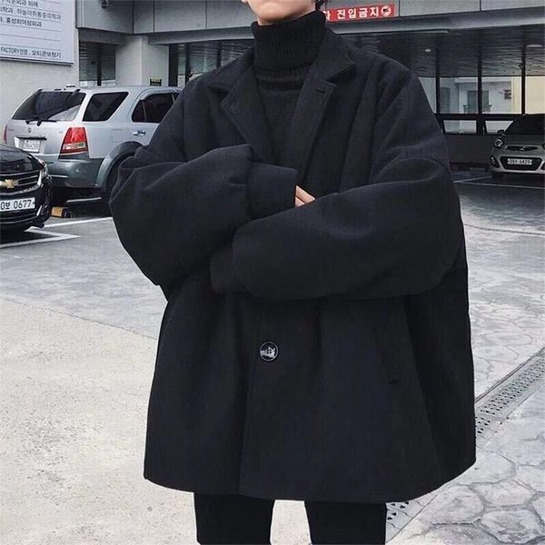 

men's wool blends autumn winter woolen coat men's jacket suit-collar button youth students loose thick cotton coat mid-long windbr, Black