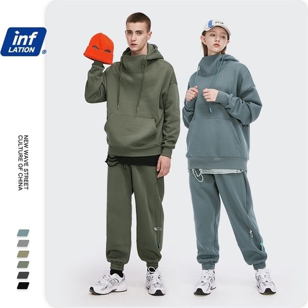 

men's tracksuits inflation men thick fleece tracksuit winter warm hoodie and sweatpant set high collar oversized jogging suit 221008, Gray