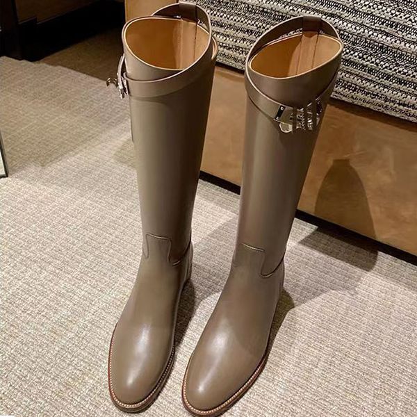 

2022 designer women luxury round toes boots classic fashion black leather mid-leg flat kelly rider casual boots lady autumn winter h home ma