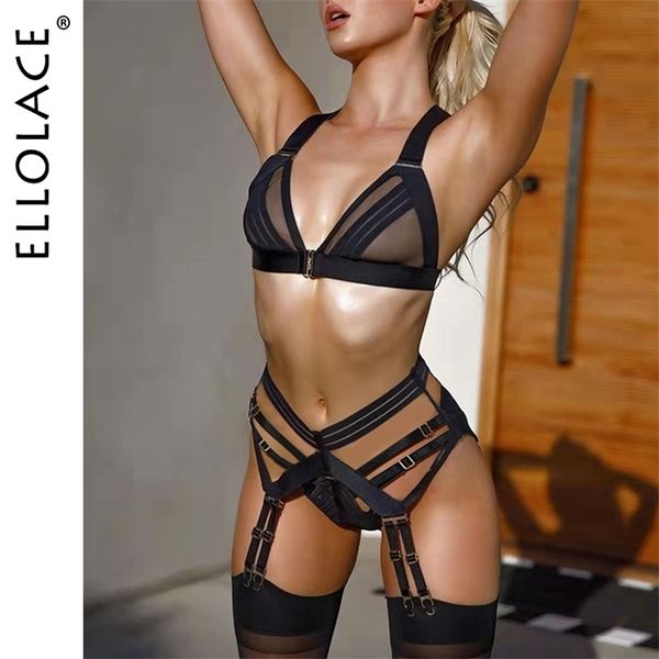 

set ellolace 3piece sheer lingerie lace transparent underwear wireless bra and panty set garters and thongs sensual intimate, Red;black