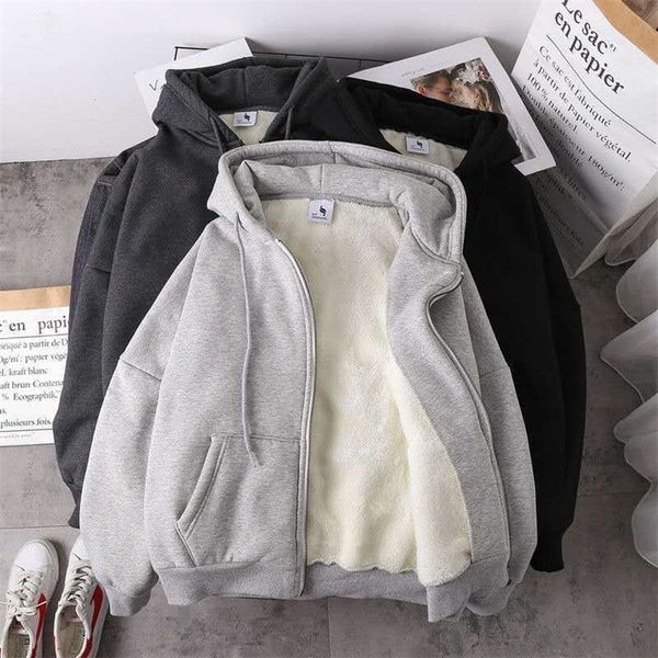 

womens hoodies sweatshirts warm pure color womens hoodie winter korean version loose plus velvet thickening fashion zip cardigan sweatshirt, Black