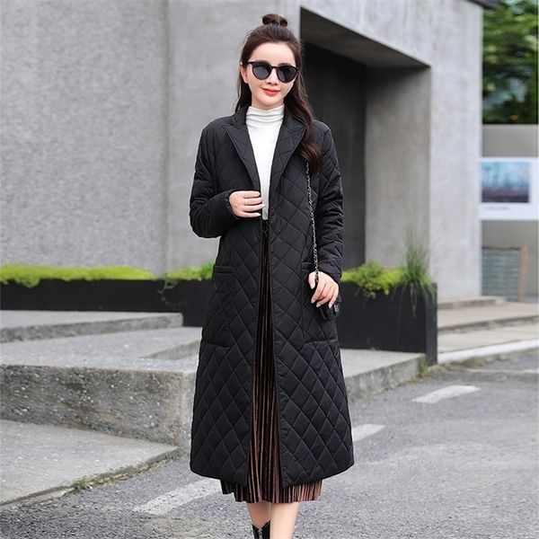 

women's down parkas woman jacket belted space cotton diamond plaid coat down over the knee winter clothing 221010, Black