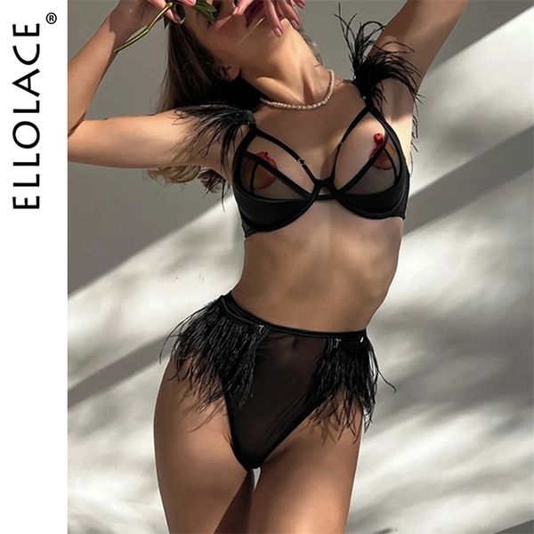 

set ellolace feather lingerie transparent bra couple underwear luxury lace set woman 2 pieces seamless exotic sets intimate 221010, Red;black
