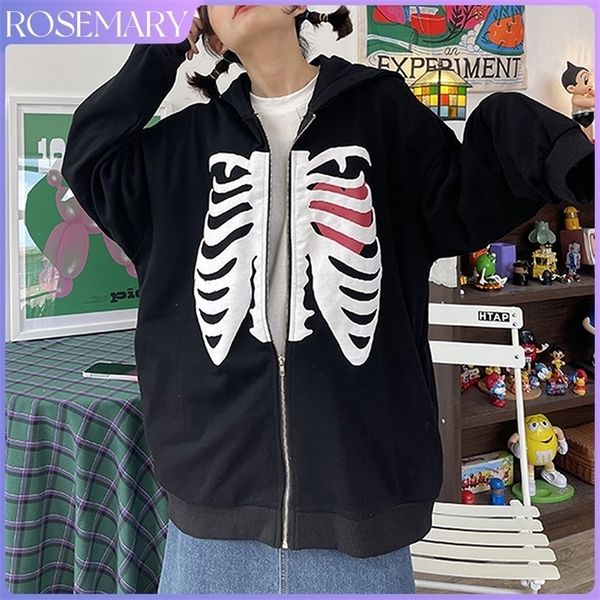 

womens hoodies sweatshirts y2k harajuku korean style loose skeleton zipup hoodie grunge long sleeve gothic hooded jacket retro coat oversize, Black