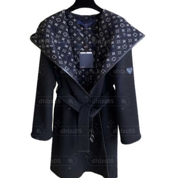 

designer woolen coat women's corset slim hooded trench coat luxury quality printing popular fashion brand 2021 autumn and winter new, Black
