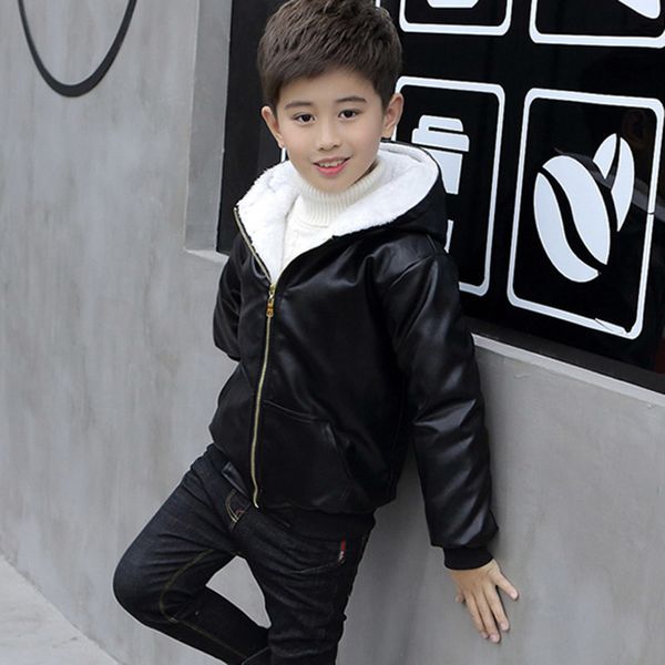 

jackets 6 9 10 11 12 years children boys girl hooded fur zipper biker leather jacket winter warm fleece coat teenager outerwear 221010, Blue;gray