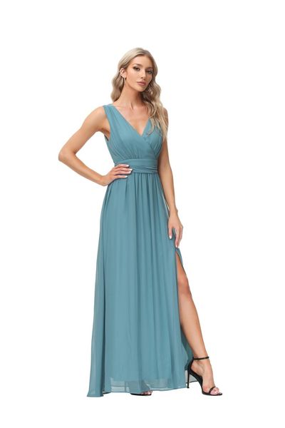 

special occasion dresses chiffon long dress double v-neck sleeveless a swing evening split elastic waist prom party tw00049, Black