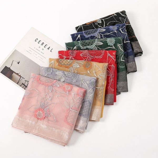

glitter embroidered silk lace scarf women luxury floral shawl wrap elegant woman party stoles women scarves muslim hijabs, Blue;gray