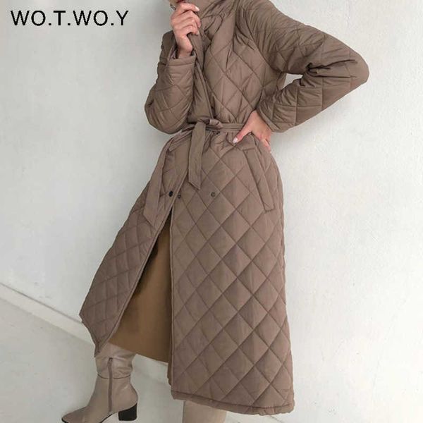

women's down parkas wotwoy argyle long cotton-padded parkas women belted thick warm winter jacket female casual solid coats female 2022, Black