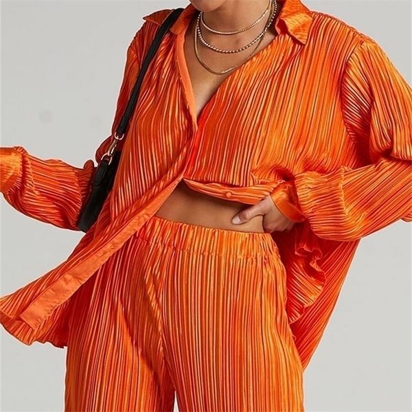 

women's two piece pants pleated shirt trousers sets elegant long sleeve shirts and high waist wide leg suit woman office outfits 221010, White