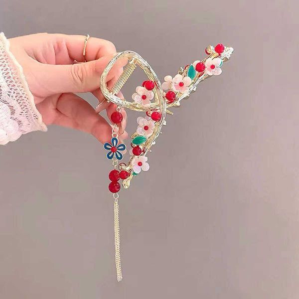 

summer fashion pearl tassel flower large catch clip guochao temperament beijing opera hairpin han suit back head shark clip, Golden;silver