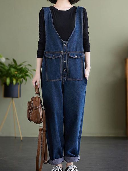 

women's jeans vintage denim overalls high waist pants autumn loose casual all match single breasted trousers 221011, Blue