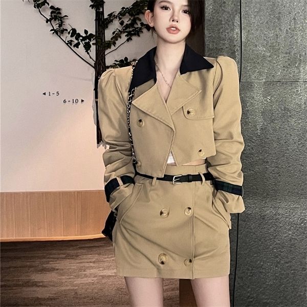 

two piece dress khaki suits set women's outfits autumn british style double breasted short coat mini skirt suit with sashes 221010, White