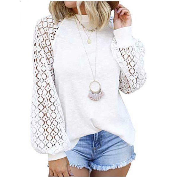 

women ladies' coats shirt round neck long sleeve lace stitched loose top, White