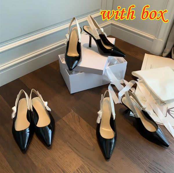 

designer brand women sandals bowknot letter embroidery high heel 6cm 9cm thin heels pointed patent leather flat wedding shoes 34-42 with box, Black