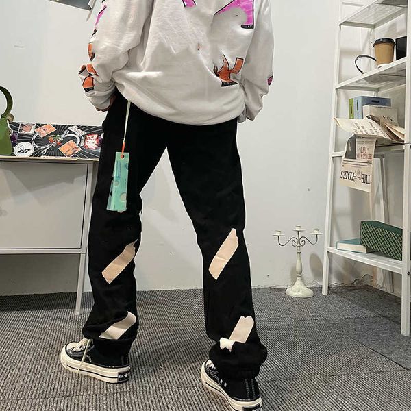 

autumn and winter men's pants fashion off brand loose casual plus velvet thickening ow trousers same style for men women white printing, Black