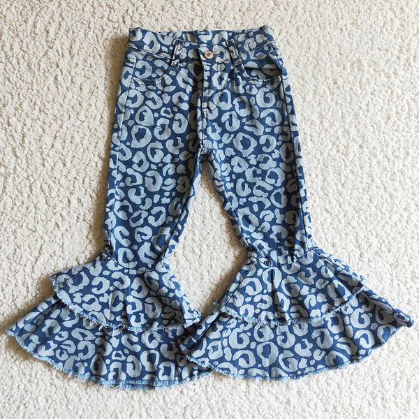 

new design toddler girls jeans pant wholesale children clothing girl double ruffles denim bell bottom pants boutique jean set, Blue