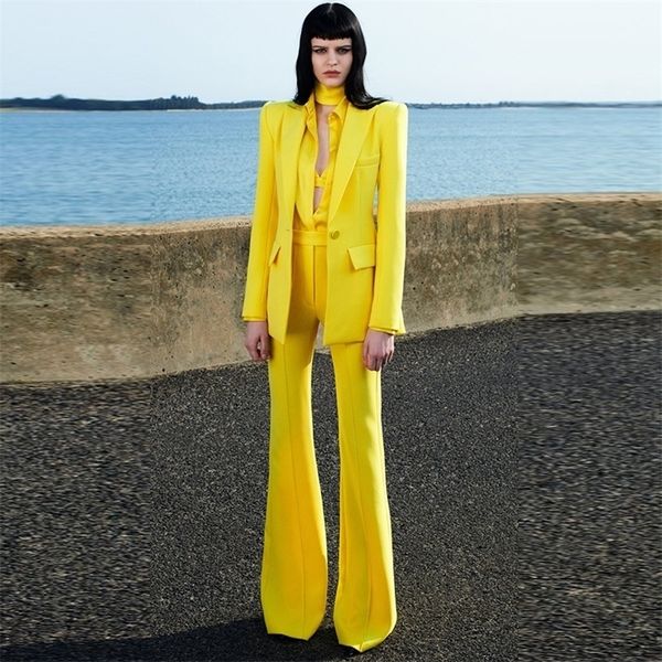 

women's two piece pants high street est runway designer suit set women's single button blazer flare pants suit 221010, White
