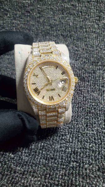 

2022 new iced out diamonds watch pass tt eta 3255 movement mechanical yellow gold men luxurywatch box include, Slivery;brown