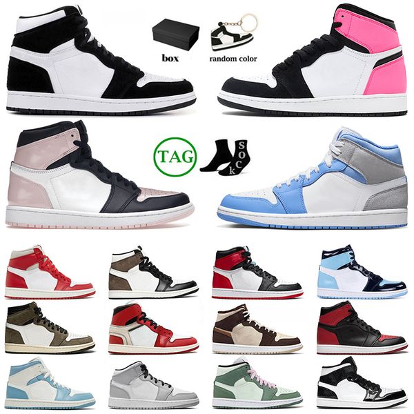 

1s basketball shoes 2022 with box jumpman 1 panda rust pink mid university blue cream dark chocolate sports sneakers women mens trainers uni, White;red