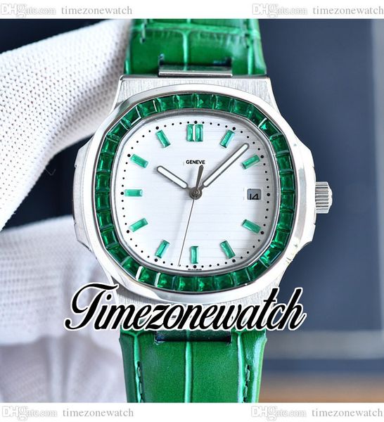 

40mm nautilus 5711 automatic mens watch white texture dial 5711/1300a-001 steel case rectangle green gems diamond bezel leather strap watche, Slivery;brown