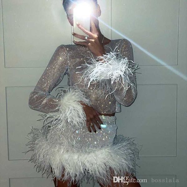 

fashion hairy hem skirt set womens temperament commuter long sleeve sequins short skirt suit, White