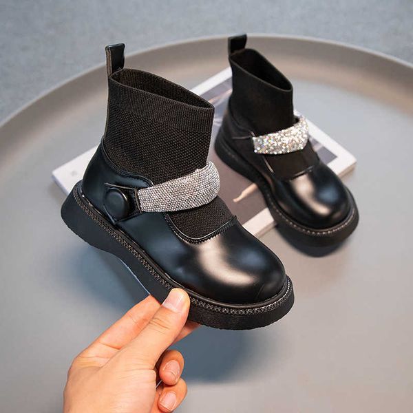 

boots black sweet princess children' socks shoes 2022 spring new breathable rhinestone girl simple korean style short l221011, Black;grey