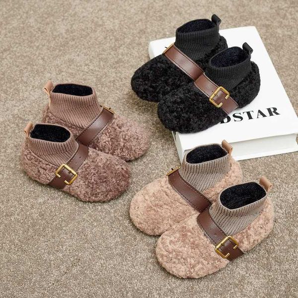 

boots warm furry fur girls snow 2021 velvet socks shoes fashion buckle short for nice kids winter e10032 l221011, Black;grey