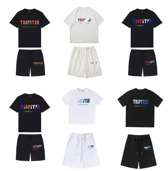 

summer mens trapstar t shirt set short sleeve outfit chenille tracksuit sportswear hip hop black cotton london streetwear asian size s-3xl, White;black