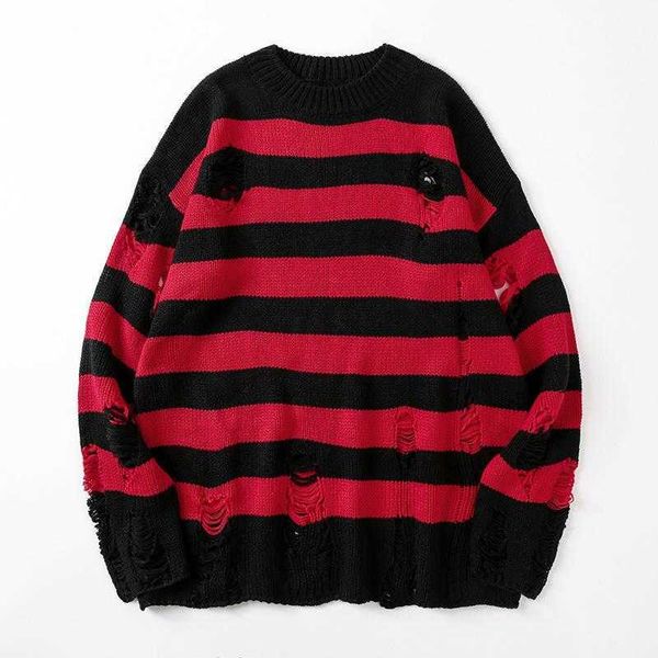 

men's sweaters sweter garis hitam robek hancur pria pullover lubang rajutan jumper kaus besar harajuku atasan lengan panjang g221010, White;black