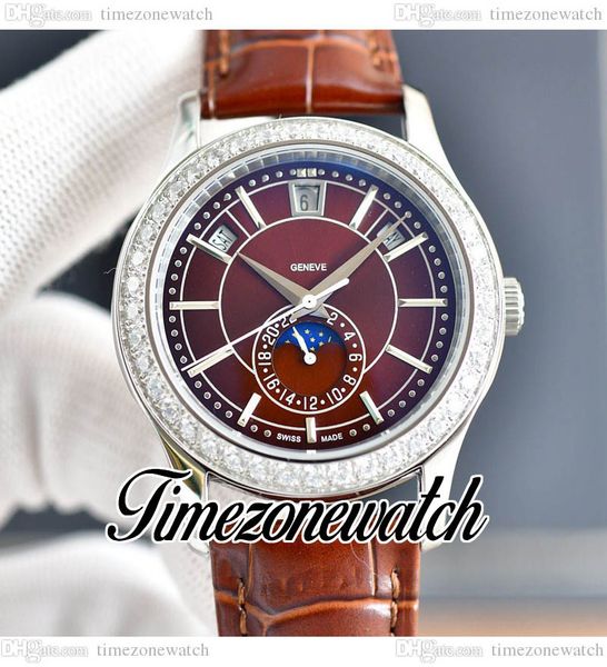 

40mm 5205r-010 5205g automatic mens watch complications annual calendar brown dial moon phase steel case diamond bezel brown leather watches, Slivery;brown