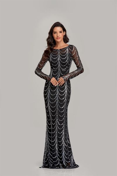 

special occasion dresses slim fit banquet party sequins long sleeve round neck evening dress tw00028, Black