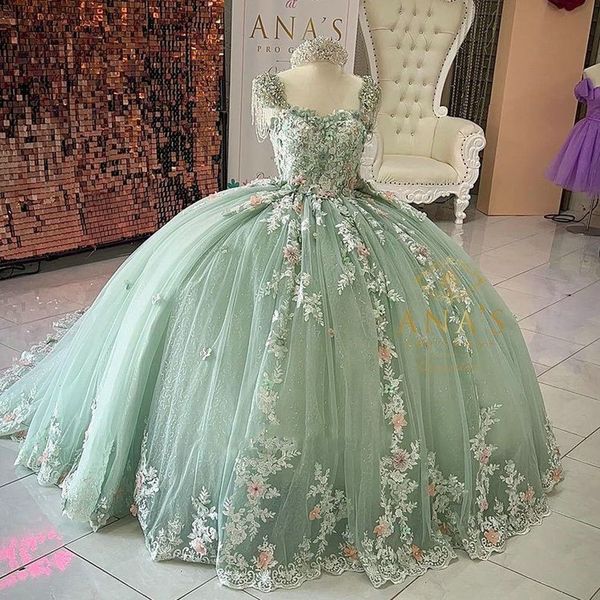 

2023 dusty green quinceanera dresses with lace applique beaded crystals straps ball gown sweet 16 birthday party prom formal evening wear ve, Blue;red