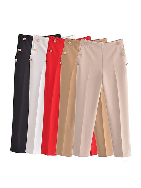 

women's pants s pb za 9929120 fashion metal button straight retro high elastic waist side pocket 9929120 221011, Black;white