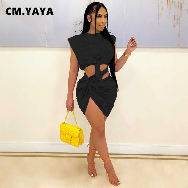 

two piece dress cmyaya women set solid sleeveless bandage crop asymmetrical mini skirts two 2 piece sets fashion outfit summer 2021 j230506, White