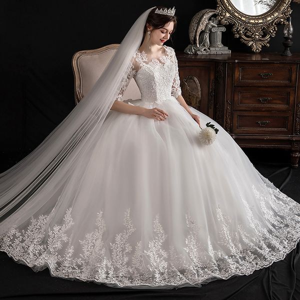 

gorgeous full lace ball gown wedding dresses half sleeves backless with button covered appliques summer bridal gowns plus size, White