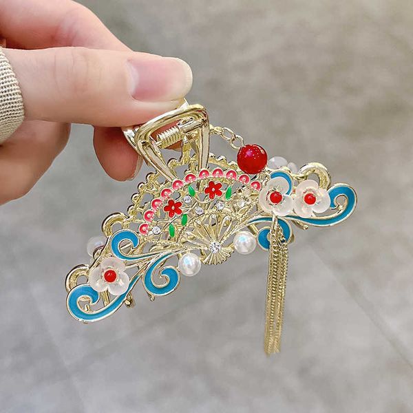 

chinese style fashion pearl tassel medium catch clip guochao flower beijing opera hairpin han suit back head shark hairpin, Golden;silver