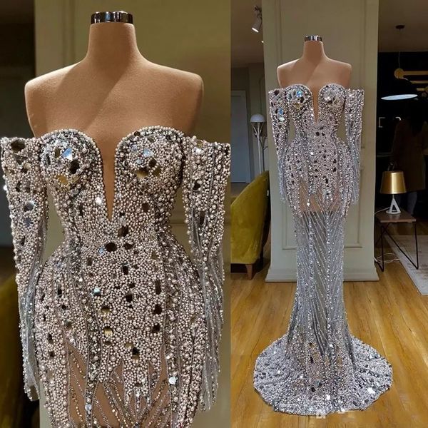 

2022 gorgeous mermaid evening prom dresses off shoulder long sleeve sequins pearls tulle party gowns sweep train prom gowns, Black;red